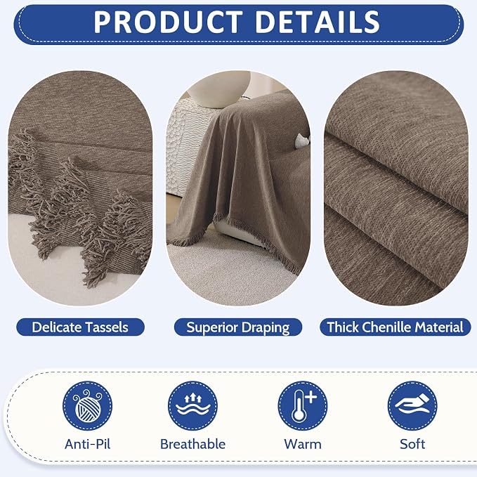 Chenille Couch Cover for Dogs, Boho Sofa Cover Washable Couch Cover, 3 Cushion Sofa Cover, Pet Throw Blankets for Couches with Tassel Furniture Protector Covers,71"×150",Coffee - Image 5
