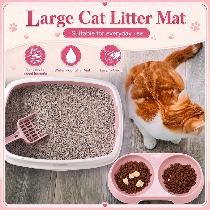 Sliner 7 Pcs Kitten Litter Box Starter Kit, 2 Plastic Small Kitty Litter Box Training Low Entry with Scoop, 2 Double Cat Bowl and Mat for Kitten Indoor (Pink) - Image 4