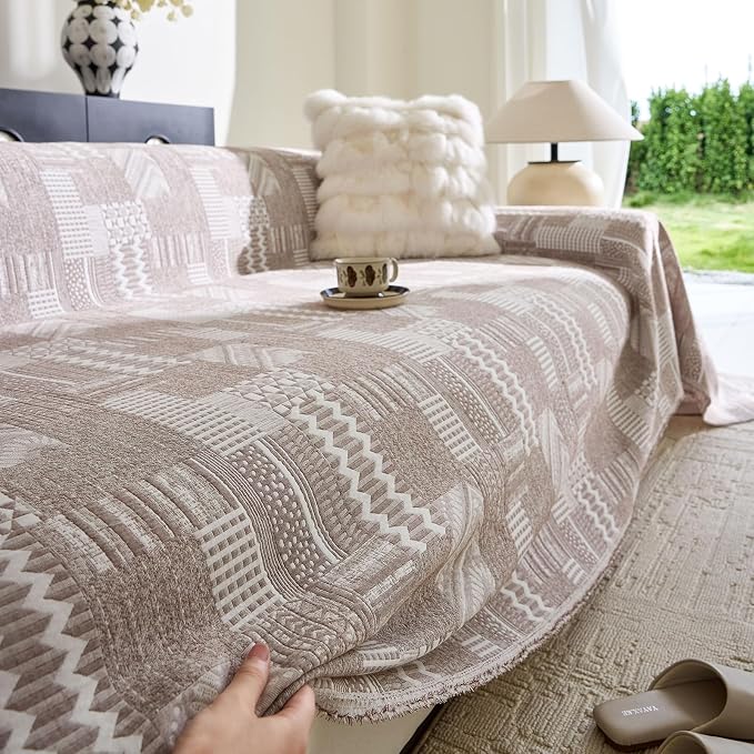 DREAMINGO Vintage Patchwork 3-Layer Gauze Geometric Jacquard Sofa Cover, Farmhouse Couch Cover Blanket for 3 Seater, Living Room Washable Furniture Protector, Light Mocha, 91"x134" - Image 3