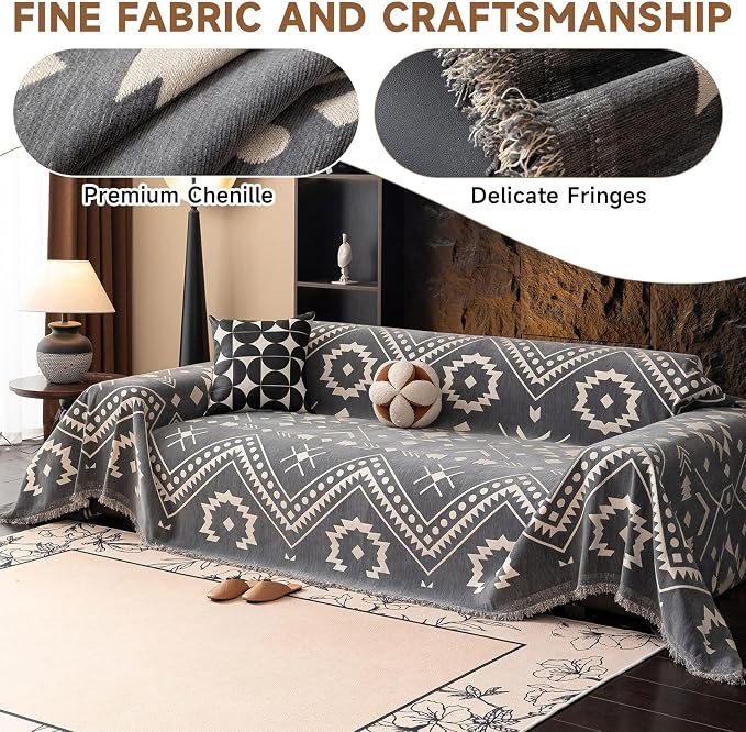 VClife Bohemian Tribal Sofa Cover Gray White Aztec Geometric Pattern Couch Cover for 3-4 Cushion Couch Sofa - Non Slip Sectional Slipcover Decorative Furniture Protector for Home Decor 71" X 150" - Image 3