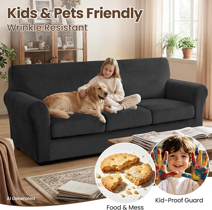 XINEAGE 4-Piece Velvet Sofa Cover,Couch Covers for Dog,Black | 3 Cushion Sofa,Stretch Non-slip Elastic, Pet-friendly, Washable, Fast Setup, Soft Plush Fabric, Furniture Protector. - Image 6