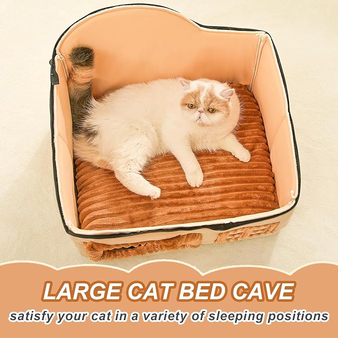 Jiupety Bear Cat Houses for Indoor Cats, Chimney Cute Cat Bed Cave, Enough Interior Space, Cartoon Soft Pet House Up to 3-7 lbs Kitten, Brown - Image 4