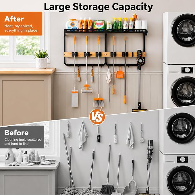 Large Broom Mop Holder Wall Mount with Shelf,5 Grips,6 Hooks,Vacuum Hook | 3-in-1 Cleaning Supplies Organizer,Broom Organizer,Top Shelf with Railing,Storage Rack for Laundry Utility Garages Kitchens, - Image 5