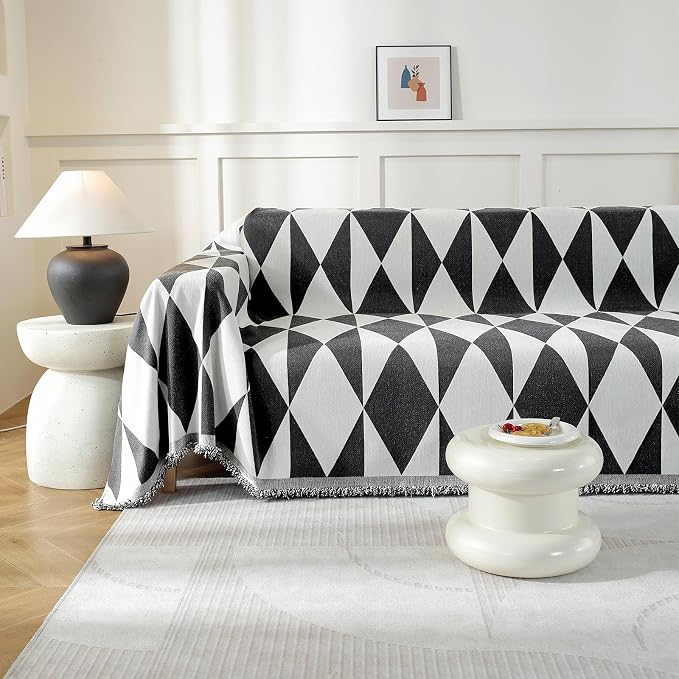 Couch Cover for Sofa, Boho Sofa Cover Washable Couch Cover for Dogs, Pet Sofa Cover for 2-Cushion Couches with Tassel Furniture Protector Cover,71" x 118",Black & White-Diamond - Image 7