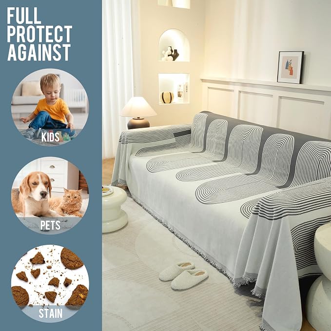 Couch Cover for Sofa, Boho Sofa Cover Washable Couch Cover for Dogs, Pet Sofa Cover for 3-Cushion Couches with Tassel Furniture Protector Cover,71" x 134",Dark Gray-Half-Round - Image 4