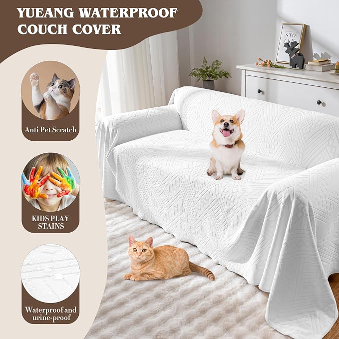 Waterproof Couch Cover for Sofa, Reversible Sofa Slipcovers for Dogs and Cats, Pet-Friendly, Anti-Slip and Washable, with 3 Cushions (71×134in, White) - Image 5