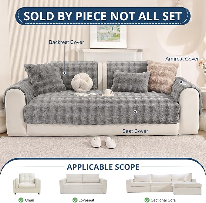 OstepDecor Faux Fur Couch Covers for Sofa, Soft Plush Sofa Covers Washable | Non Slip Dog Couch Protector, Pet Hair, Dirt & Wear Protection, Fits Sofas, Loveseats & Sectionals, 35.4" x 82.7", Grey - Image 2