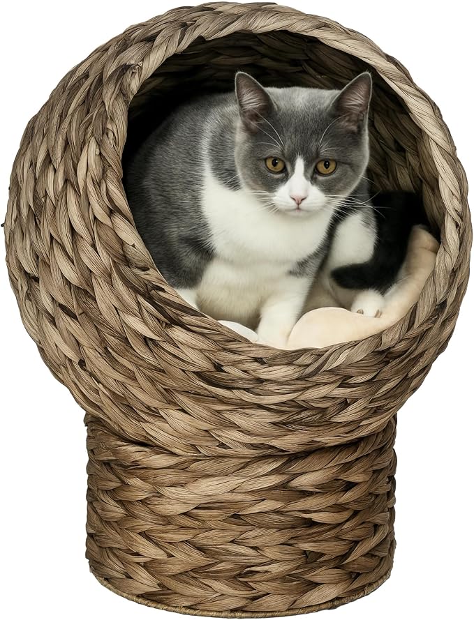 PawHut Handwoven Elevated Cat Bed with Soft Cushion & Egg Chair Shape, Basket Bed Kitty House with Stand, Raised Wicker House for Indoor Cats, 20" H, Gray | Soft Cushion & Egg Chair Shape, Basket Bed Kitty House with Stand, Raised Wicker House by PawHut