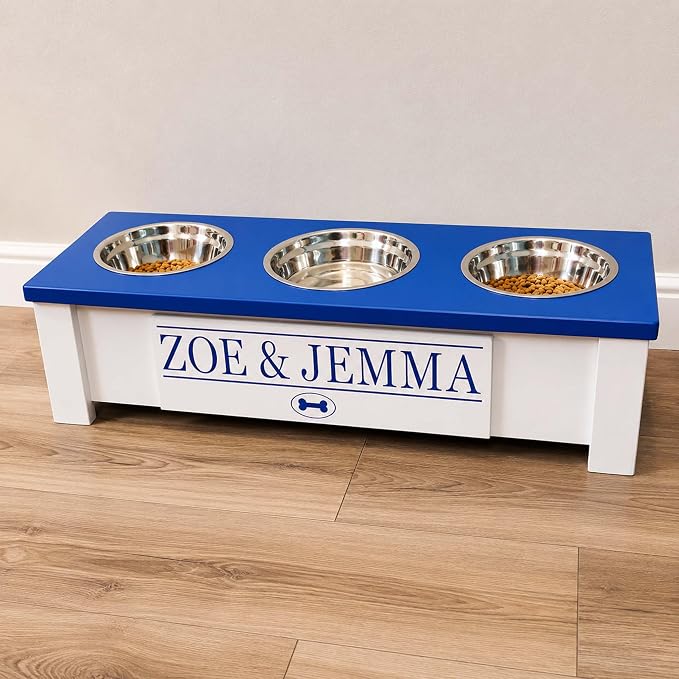 3 Bowl Dog Feeding Station, Personalized Triple Bowl Food Stand Small Dogs | Farmhouse Style, Elevated Wood Stand, Storage Container, Stainless Steel Bowls, Raised Feeder, Small Breed, Made in USA - Image 3