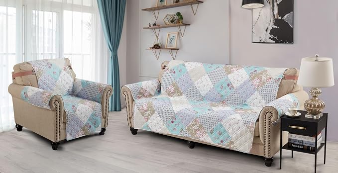 Brilliant Sunshine Blue & Green Roses Couch Recliner Cover, 28" seat | Patchwork Design, Non Slip Sofa Cover, Furniture Protector, Large Washable Reclining Chair Slipcover for Pets, Dogs & Cats - Image 4