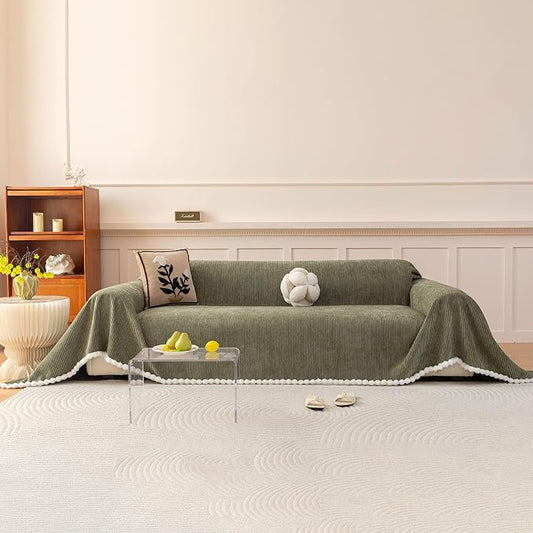 VClife Boho Couch Cover, Thickened Furniture Protector, Green, 71"X134" | Heavy-duty Pet Resistant Thick Chenille Fabric, Modern Striped Pattern, Fluffy Pom-pom Trim, Kids & Pets Household Friendly by VCLIFE