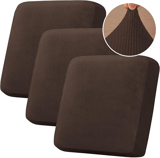 H.VERSAILTEX Velvet Stretch Couch Cushion Cover Plush Cushion Slipcover for Chair Loveseat Sofa Cushion Furniture Protector Seat Cushion Sofa Cover (3 Piece XL Sofa Cushion Covers, Brown Striped) by HVERSAILTEX