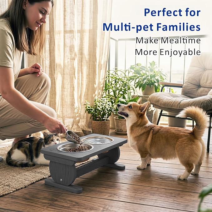 Raised Dog Bowl Stand for Small Sized Breed, Feeding Station with 21 oz 2 Stainless Steel Bowls & Licking Plate,Dog Food Bowl Gray - Image 3