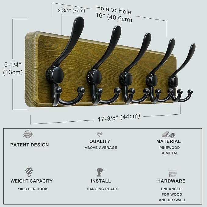 Dseap Coat Rack Wall Mount - Heavy-Duty Robust Barnwood-Style Wooden Wall Coat Hanger Hook Rail with 5 Triple Hooks for Winter Coats Hat Jacket Clothing, Weathered Green & Black, Pack of 2 - Image 6