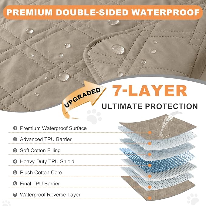 100% Waterproof Dog Bed Cover Pet Blanket(35"x71"),7-Layer Reversible Washable Sofa Couch for Furniture Car (Khaki+Khaki) - Image 2