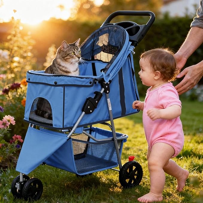 Sweetcrispy 3 Wheels Pet Stroller for Small Dogs and Cats – Foldable Dog Stroller with Mesh Windows, Storage Basket & Cup Holder, Lightweight & Durable Pet Carrier for Travel, Outdoor Use, Blue