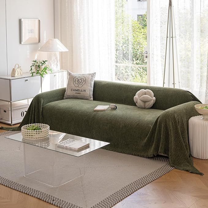 ROOMLIFE Green Sofa Cover, Vintage Boho Couch Cover for 3 Cushion Sofa, Non Slip Soft Chenille Sofa Slipcovers for Dog, Washable Furniture Sofa Protector Cover with Tassel for Living Room, 71''X150” - Image 6