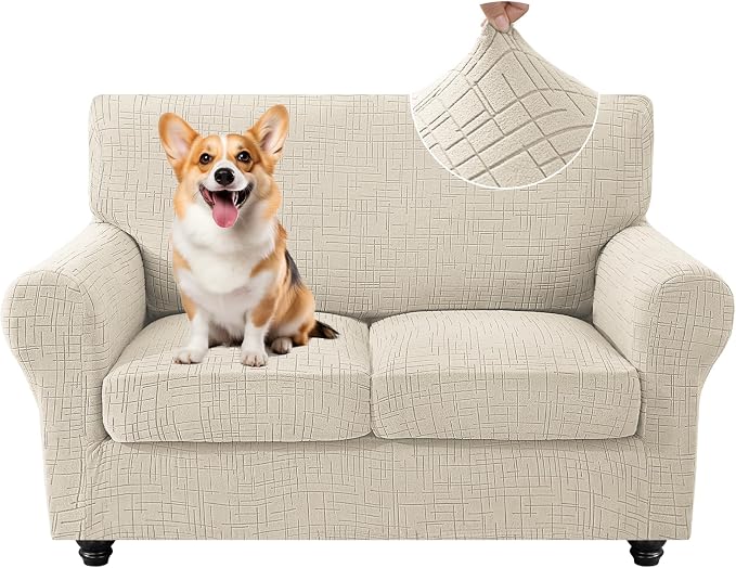 CYCMCAO 3 Piece Stretch Sofa Cover Couch Covers for 2 Cushion Couch, Non Slip Loveseat Covers, Sofa Covers Washable with Elastic Bottom for Kids, Dogs (Beige), 55"-69" (2 Cushion Loveseat) by CYCMACOHOME