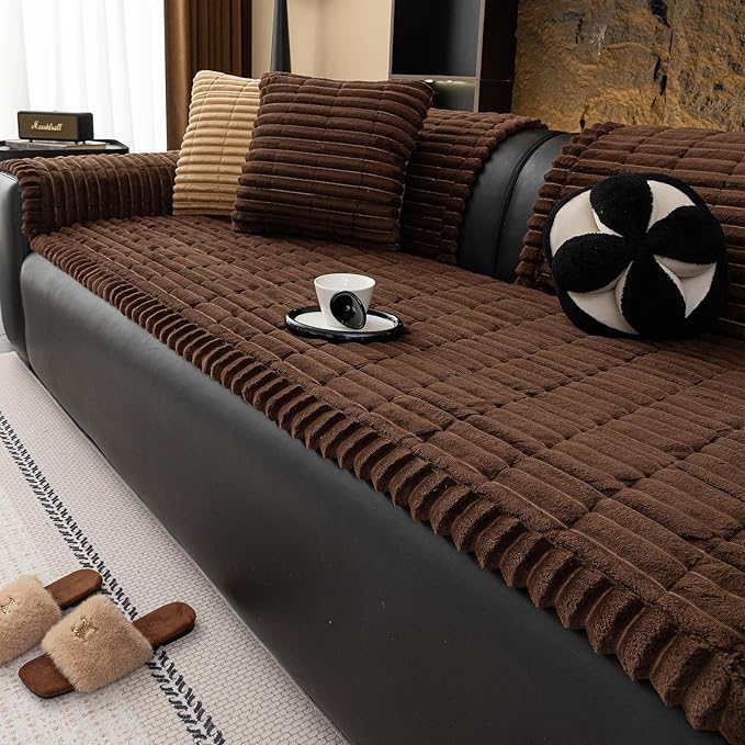Sofa Couch Cover, Sofa Covers for Dogs Washable, Non-Slip Striped Sofa Slipcovers for Sectional Sofa, Sofa Cover Furniture Protector for L Shaped(Dark Brown, 27.6"x 82.7") by MDSASFD