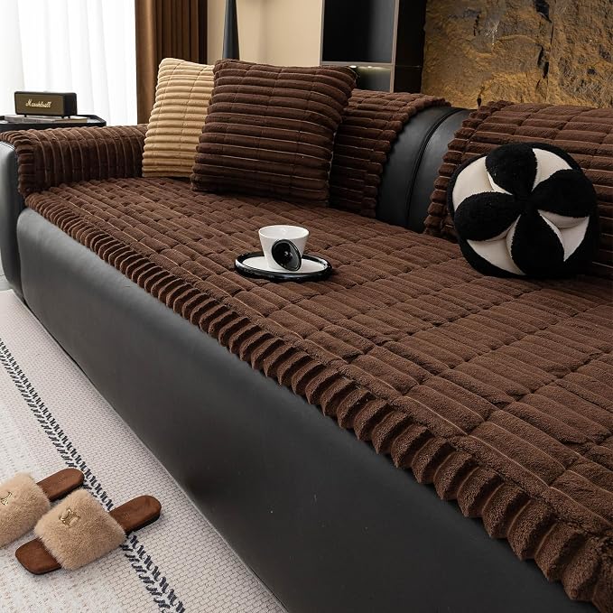 Sofa Couch Cover, Sofa Covers for Dogs Washable, Non-Slip Striped Sofa Slipcovers for Sectional Sofa, Sofa Cover Furniture Protector for L Shaped(Dark Brown, 27.6"x 70.9") by MDSASFD