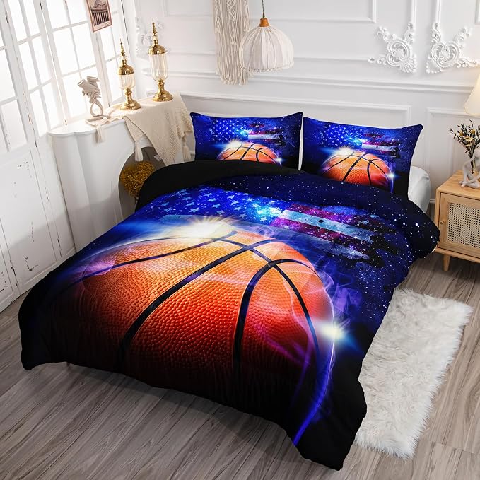 3D Basketball Comforter Set American Flag Printed Bedding Set with 1 Comforter and 2 Pillowcases for Boys and Girls Bedroom All Season(Basketball Full) - Image 3
