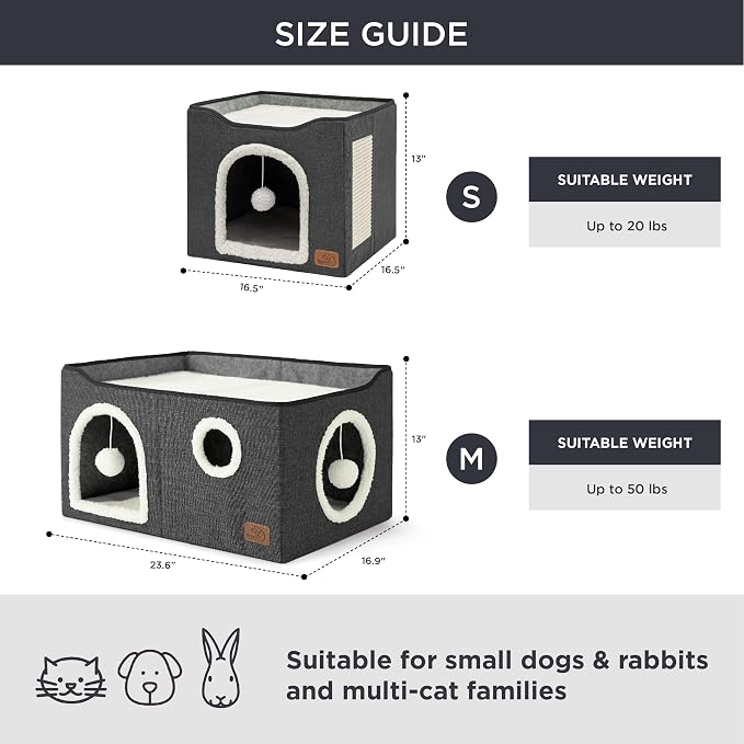 Bedsure Extra Wide Cat House Bed with Fluffy Ball and Scratch Pad | Dark Grey 23.6x16.9x13 in,Indoor Cat Cave for Multiple Pets, Foldable Cat Hideway Cube for Sleeping Large Cat and Kitten - Image 6