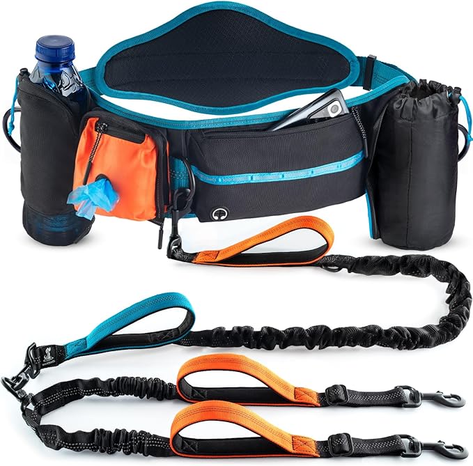 SparklyPets Double Bungee Waist 2 Dog Leash with Back Brace – Dual Dog Leash for Medium/Large Breeds – Running Belt Fanny Pack with Phone, Waste, Treat, and Bottle Pockets by SparklyPets