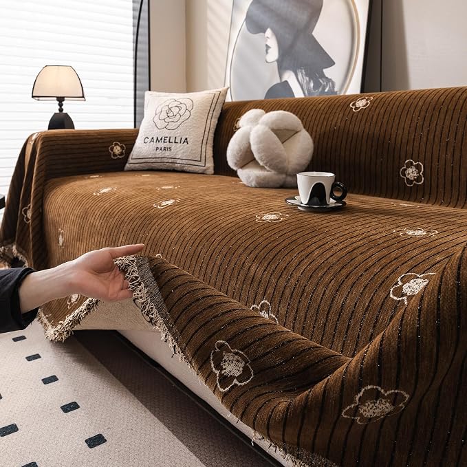 ROOMLIFE Boho Couch Covers Brown for 3 Cushion Sofa, Chenille Couch Cover Sectional Sofa Cover for Dog, Washable Furniture Sofa Protector Cover Soft Blanket with Tassel for Living Room, 71 '' X 118'' - Image 9