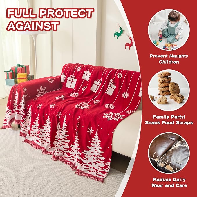 MEETSKY Christmas Couch Cover for Sectional Sofa, Chenille Loveseat Red Sofa Covers Washable for Pet Friendly Cedar Decorative Couch Covers, 71" x 102" - Image 4