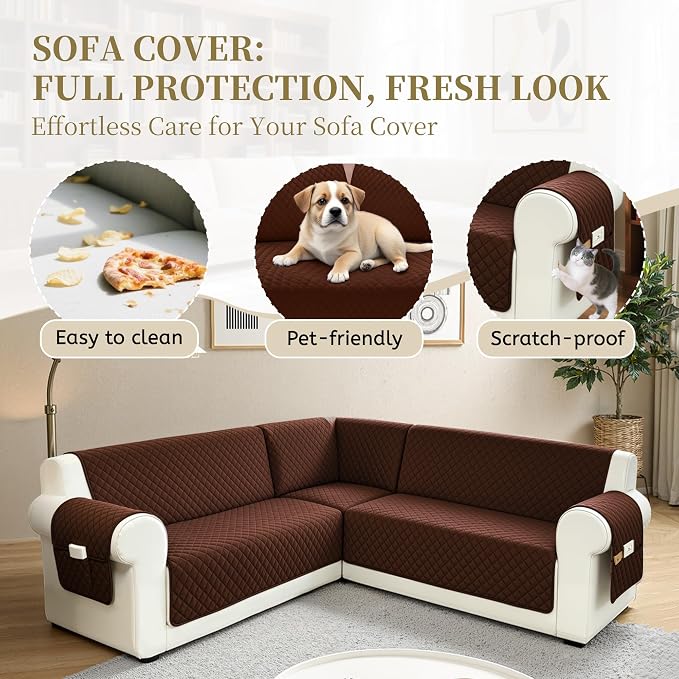 Sectional Couch Covers for Dogs 100% Waterproof Corner L Shaped Sofa Cover Pet Friendly Velvet Washable Anti Slip L Shape Modular Sofa Slipcover Protector with Pockets (Dark Coffee, Small) - Image 4