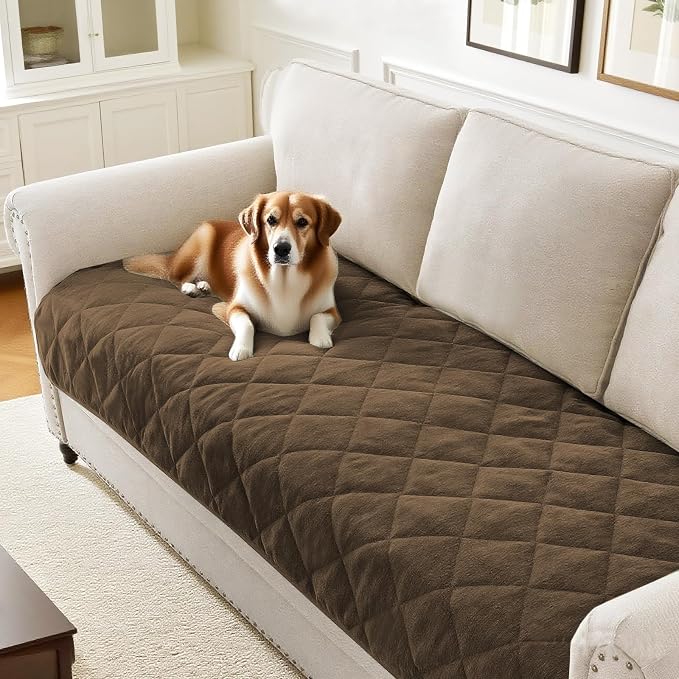 PrinceDeco Couch Covers for Dogs Chenille Sofa Covers for 3 Cushion Washable Quilted Checkered Fuzzy Pet Couch Cover Soft Couch Protector Non-Slip Sofa Pads for Puppy Cat Kids(34.5" x 82", Brown) by PrinceDeco