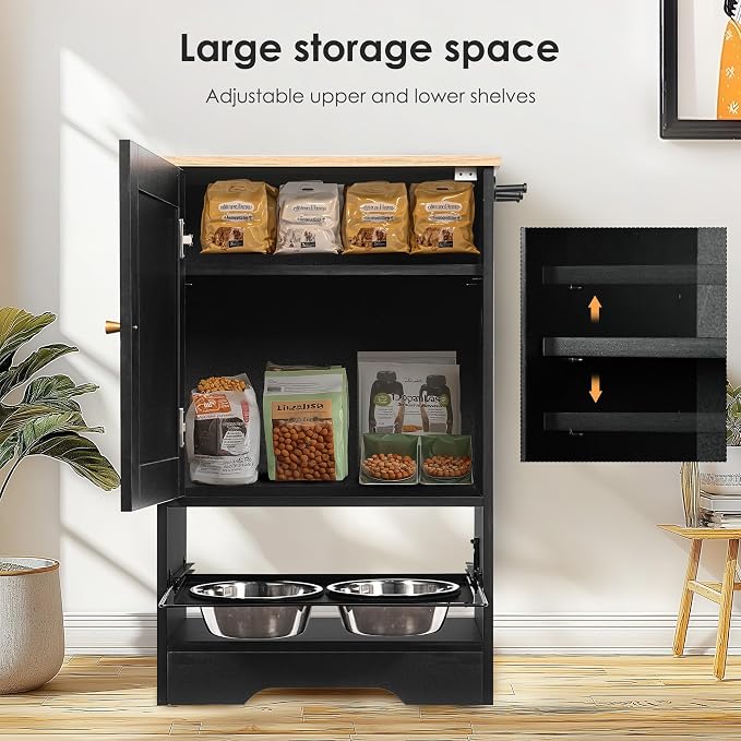 Feeding Station with 1 Storage Cabinets, Pet Feeding Station with 2 Elevated Dog Bowls, Side Hooks, Anti-tip Kit, Hidden Pet Feeder Station for Feeding & Watering, Black - Image 3