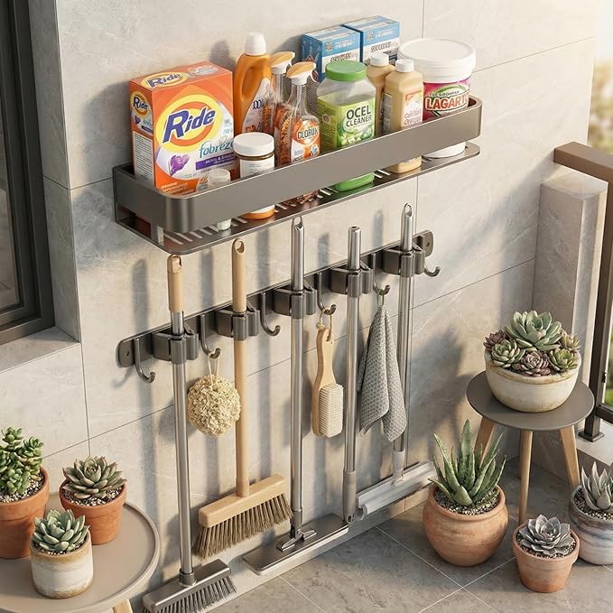 Broom Holder Wall Mount 24 Inch, Heavy-Duty Hooks & Sturdy Anti-Fall Large Capacity Shelf, Holds Brooms, Mops, Vacuums & Cleaning Supplies for Laundry Room, Garage and Closet - Image 4