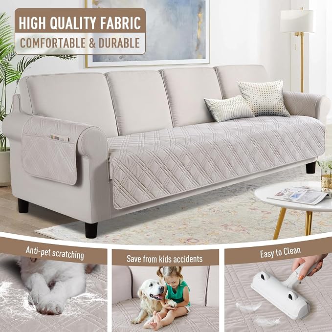 TAOCOCO Waterproof Oversized Couch Covers for Pets Dogs with Non Slip Backing, Sofa Seat Covers with Pocket for 4 Cushion Couch Washable Dog Couch Protector Sofa Slipcovers(Oversized Sofa, Cream) - Image 4