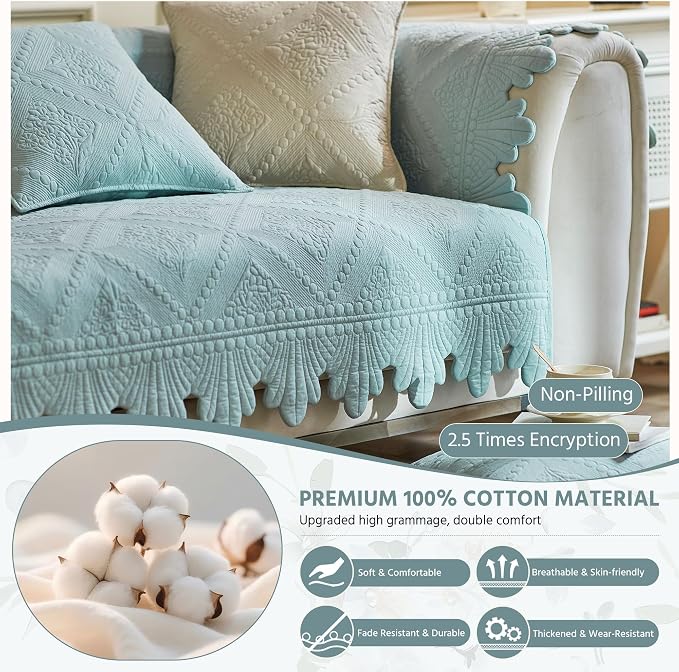 OTOB Cotton Quilted Dog Couch Covers for Sofa Washable Anti Slip, 1 Piece | Blue, 27.6"x70.9", Rustic Farmhouse Embroidery, All Seasons, Soft Thick, Breathable, Wear-Resistant, Pet Friendly - Image 2