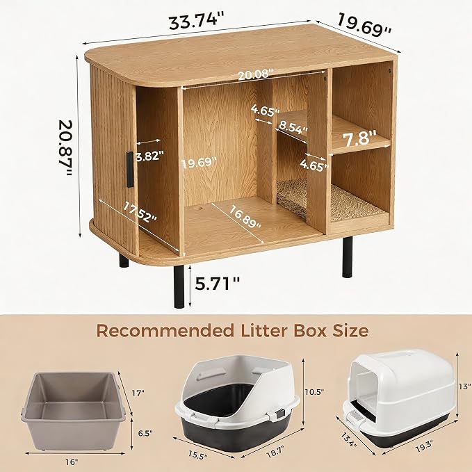 Cat Litter Box Enclosure, 31.8" Kitty Hidden Litter Box Furniture with Scratch Pad, Modern Indoor Cat House, Sliding Door, Adjustable Shelf for Dog Proof, Natural - Image 2