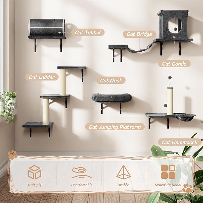 7-in-1 Cat Wall Shelves, Wall Mounted Climber Set | Cat Furniture with House, Tunnel, Bridge, Steps, Scratcher, Hammock, Shelves for Indoor, Drak Grey - Image 2