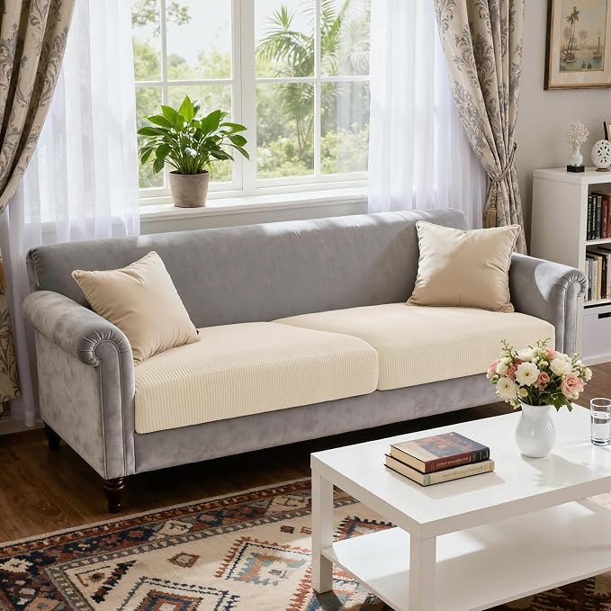 CHUN YI 2 Piece Couch Cushion Covers for Sofa Seat Slipcovers Suitable with Spandex Jacquard Washable Fabric (2 Piece Sofa Cushion Covers, Ivory) - Image 2