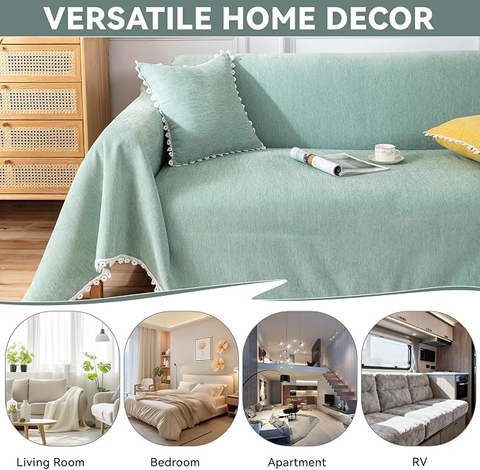 VClife Fresh Sage Green Couch Cover for Sectional Sofa, Soft Chenille Dog Couch Cover for 2 Cushion Couch Pet Friendly Sofa Slipcover Washable Sofa Covers with Floral Lace, 71"X118" - Image 6