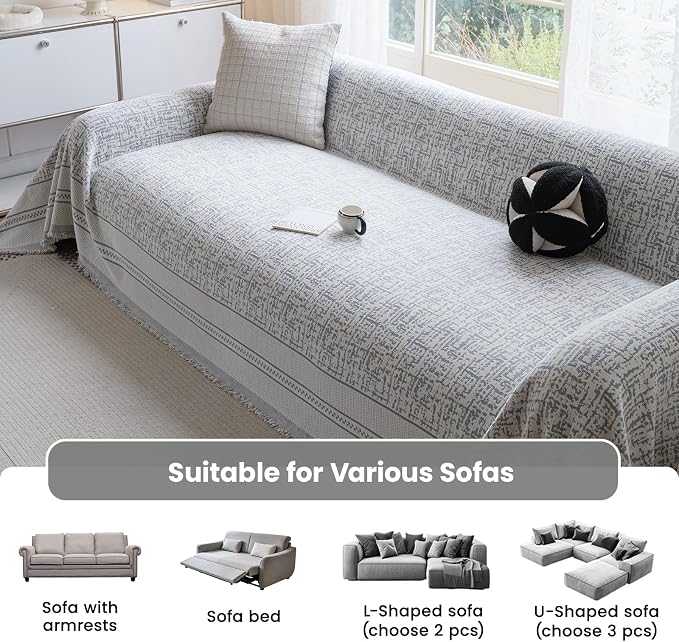 Waterproof Sofa Cover for Sectional Sofa, Boho Washable Couch Cover for 2-3 Cushion, L-Shape, Dogs Thick Chenille Pet Friendly Multi-Functional Furniture Protector with Tassels, 71"X118", Grey - Image 7