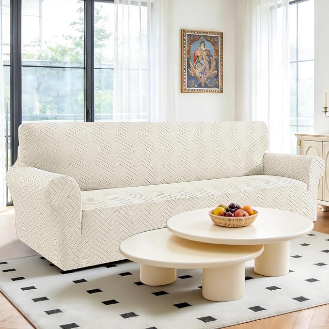 Stretch Sofa Cover Non-Slip Washable Furniture Protector | Stretch, 91"-110".Soft, Non Skid Foam, Elastic Bottom, Machine Washable, for Kids & Pets, Couch & Sofa, Beige White - Image 2