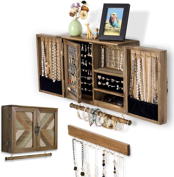 ikkle Wooden Jewelry Organizer Wall Mounted, Hanging Jewelry Holder with Removable Bracelet Rod and Hooks for Necklaces Earrings Bracelets Rings, Brown by iKKLEHome