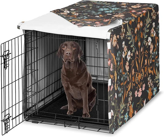 Sweet Jojo Designs 42in. Medium/Large Dog Crate Cover (Black Boho Wildflower) for Girls Pet Cage, Kennel Covers (Vintage, Floral, Leaves, Botanical, Paisley, Flower, Bohemian, Farmhouse, Orange, Blue) by SweetJojoDesigns