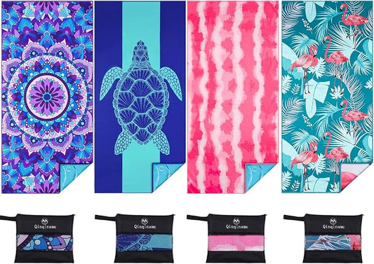 4 Pack Microfiber Thin Lightweight Beach Towel Oversized 71x32 Extra Large Sand Free Towels for Travel Swim Pool Yoga Gym Camping for Adults Women Men Beach Essentials Accessories Vacation Gift by Qinqinamu