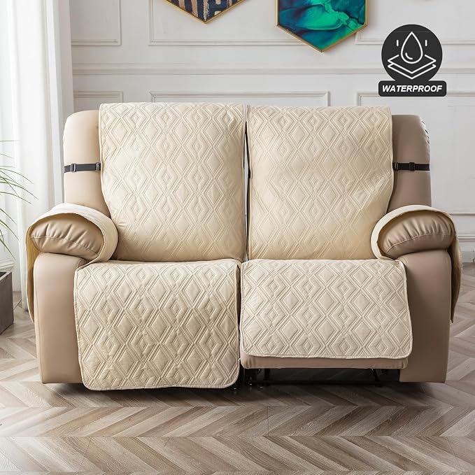 Genina Waterproof Loveseat Recliner Cover Non-Slip, Sofa Cover for Reclining Couch 2 Seat, Washable Couch Cover Loveseat Furniture Protector Cover for Pets Dogs Kids(Beige, Recliner Loveseat) - Image 8