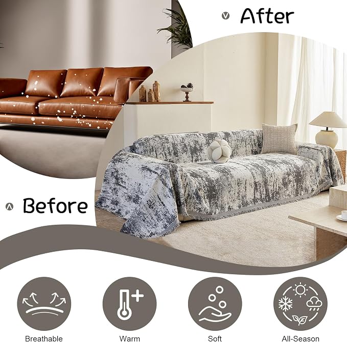 VClife Boho Couch Cover, Non Slip Soft Couch Covers for 3 Cushion Couch Sofa Pet Friendly, Irregular Vintage Grey Off-White Scraped Texture Furniture Protector Sofa Slipcover for Dog, 71" X 134" - Image 4