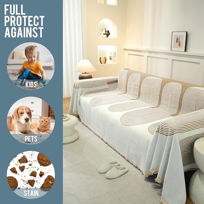 Couch Cover for Sofa, Boho Sofa Cover Washable Couch Cover for Dogs, Pet Sofa Cover for 3-Cushion Couches with Tassel Furniture Protector Cover,71" x 134",Khaki-Half-Round - Image 4