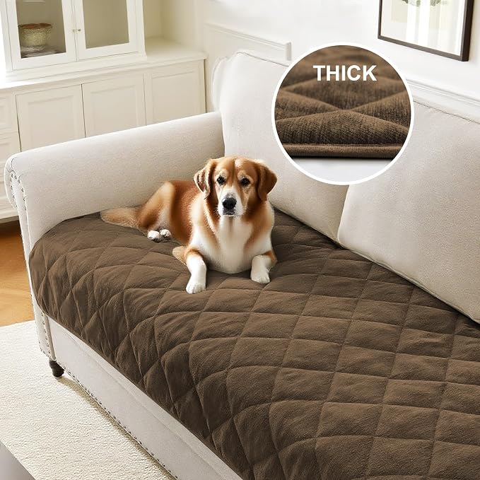 PrinceDeco Couch Covers for Dogs Chenille Sofa Covers for 2 Cushion Washable Quilted Checkered Fuzzy Pet Couch Cover Soft Couch Protector Non-Slip Sofa Pads for Puppy Cat Kids(34.5" x 60", Brown) - Image 2