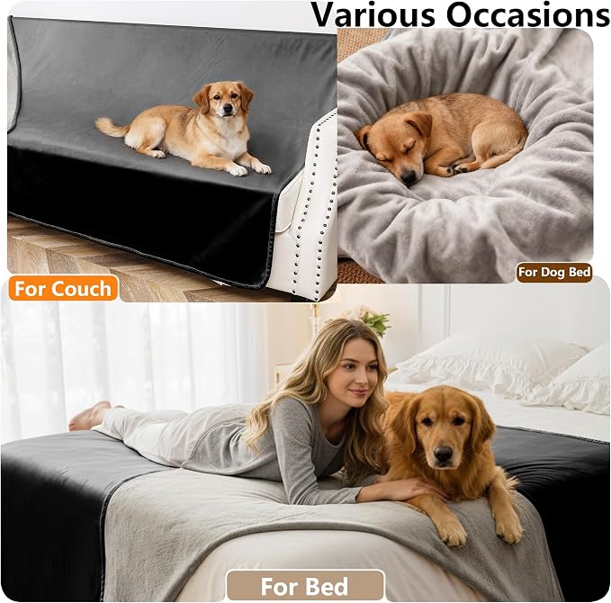 Waterproof Blanket - Reversible Dog Throw as Furniture Protector | Soft Velvet & Flannel, TPU Leak-Proof Liner, Machine Washable, Fits Couch and Bed, 52" x 82", Black/Lightgrey - Image 5