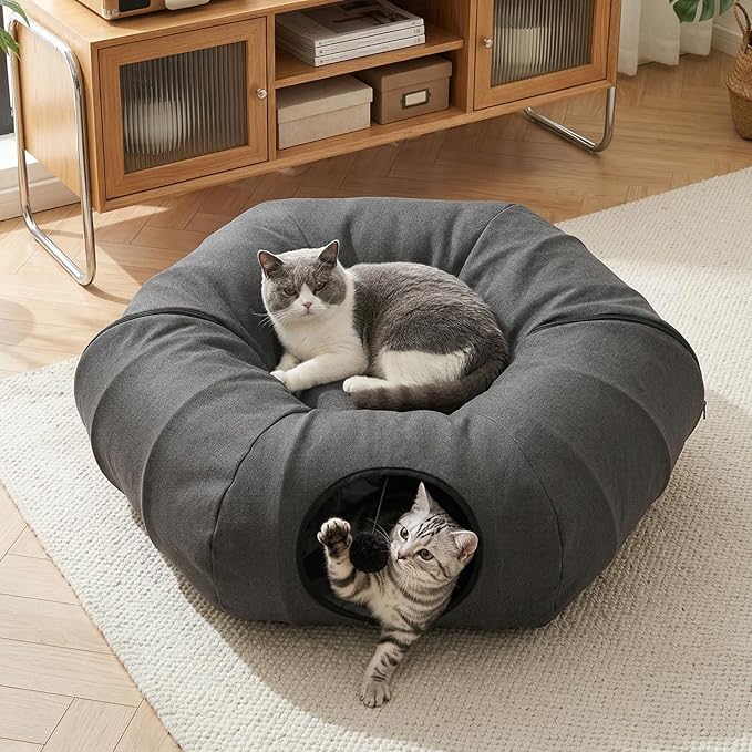 Cat Tunnel Bed for Indoor Cats, Cooling Natural Linen Cat Tunnel, Breathable 29.5in Kitten Toys Cat Tunnel with Washable Mat, Round Pet Tunnel for Kittens, Squirrels Dark Grey by BUMUBI